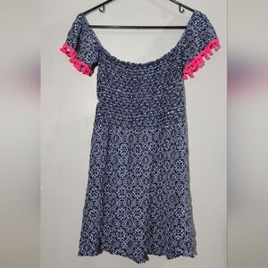 Grace&lace women size small stretchy blue off shoulder with pom pom fringe dress